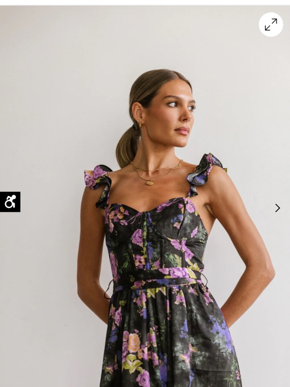 Lulu's Black Floral Ruffle-Striped Midi Dress with Purple and Pink Blooms - Picture 2 of 7